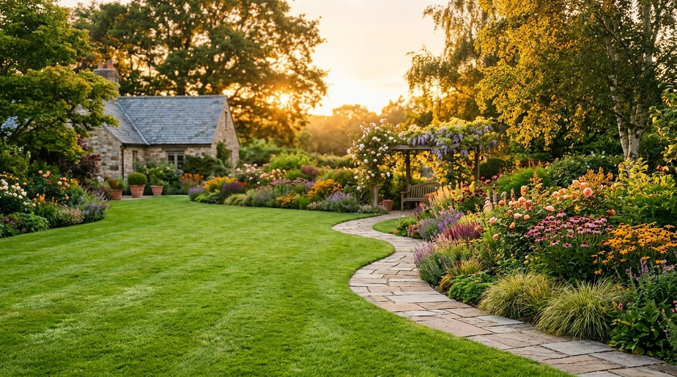 Jardin paysager golden hour — Jardins Laurent
